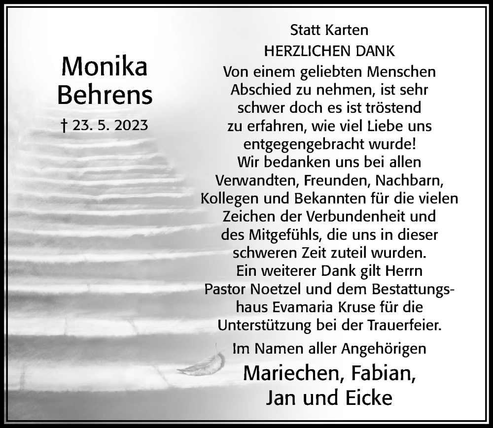  Traueranzeige für Monika Behrens vom 07.07.2023 aus Cellesche Zeitung