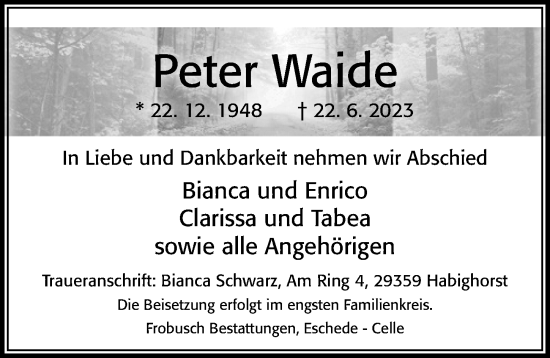 Traueranzeige von Peter Waide von Cellesche Zeitung