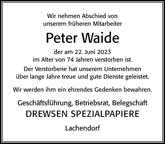 Traueranzeige von Peter Waide von Cellesche Zeitung