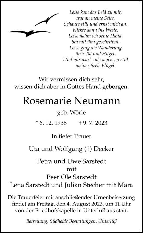Traueranzeige von Rosemarie Neumann von Cellesche Zeitung