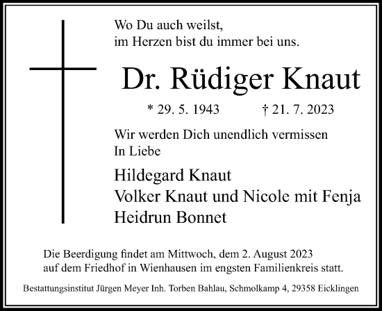 Traueranzeige von Rüdiger Knaut von Cellesche Zeitung