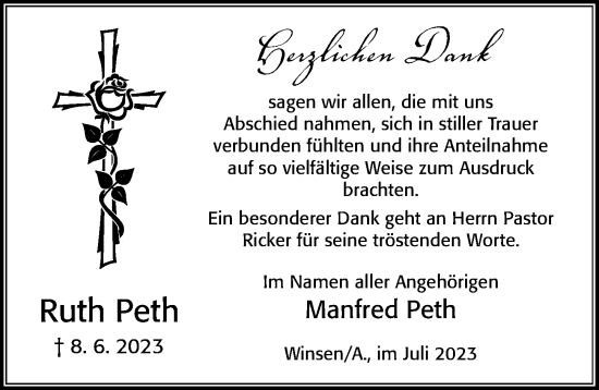 Traueranzeige von Ruth Peth von Cellesche Zeitung