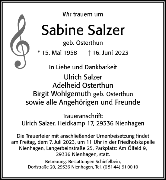 Traueranzeige von Sabine Salzer von Cellesche Zeitung