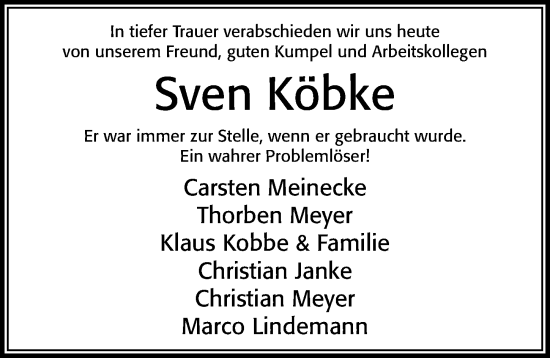 Traueranzeige von Sven Köbke von Cellesche Zeitung