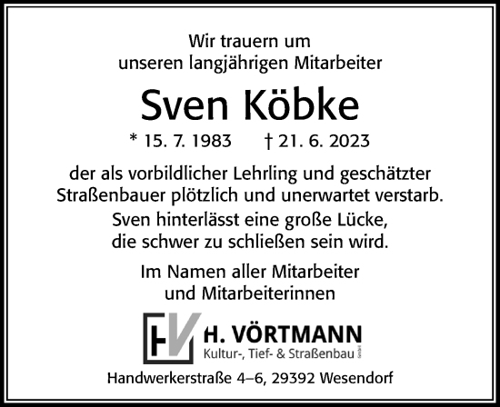 Traueranzeige von Sven Köbke von Cellesche Zeitung