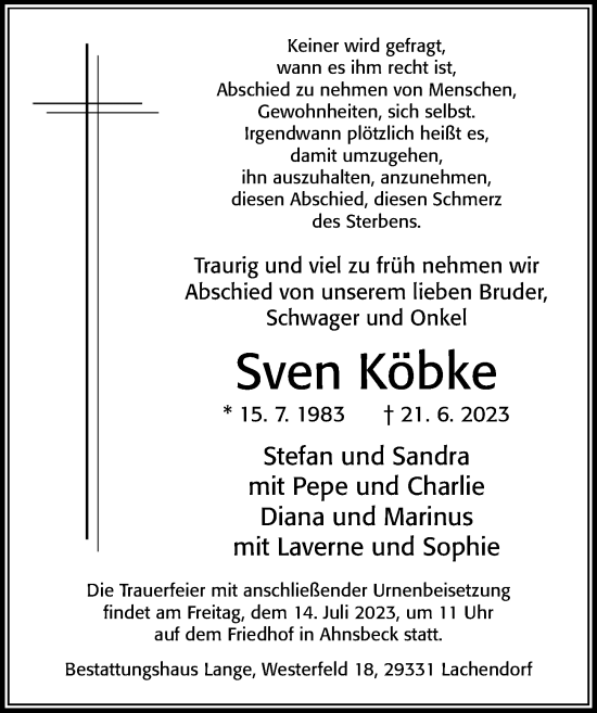 Traueranzeige von Sven Köbke von Cellesche Zeitung