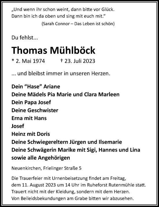 Traueranzeige von Thomas Mühlböck von Cellesche Zeitung