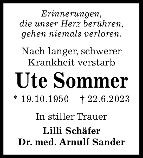 Traueranzeige von Ute Sommer von Cellesche Zeitung