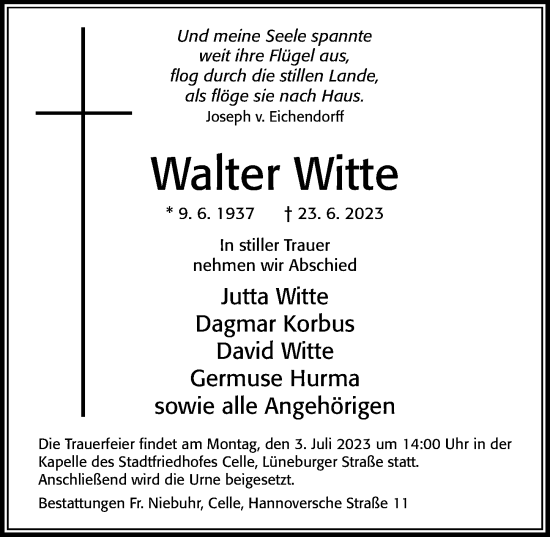 Traueranzeige von Walter Witte von Cellesche Zeitung
