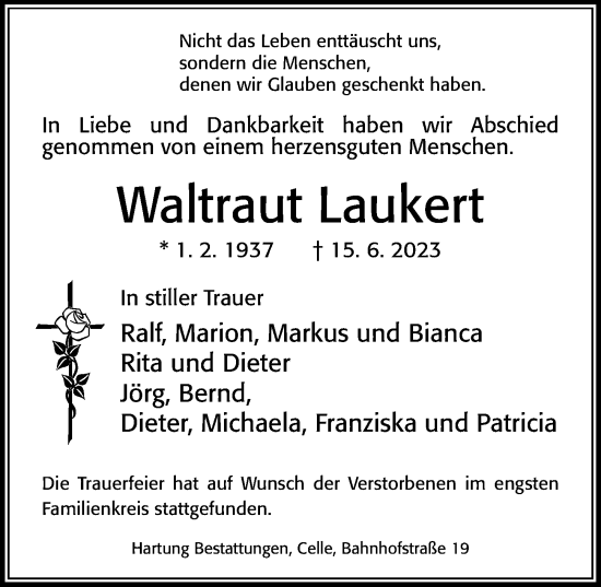 Traueranzeige von Waltraut Laukert von Cellesche Zeitung