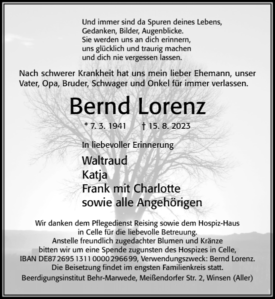 Traueranzeige von Bernd Lorenz von Cellesche Zeitung