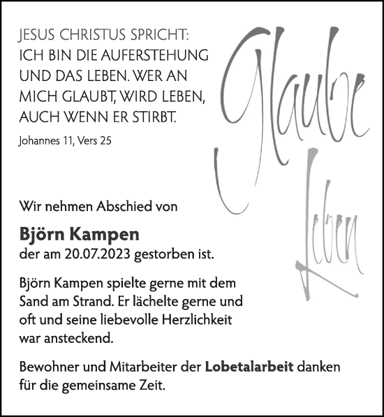 Traueranzeige von Björn Kampen von Cellesche Zeitung