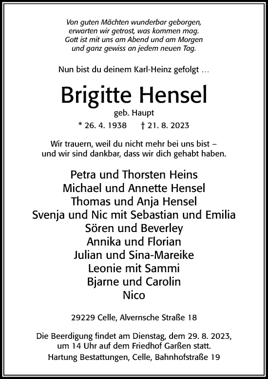 Traueranzeige von Brigitte Hensel von Cellesche Zeitung