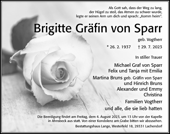 Traueranzeige von Brigitte Gräfin von Sparr von Cellesche Zeitung