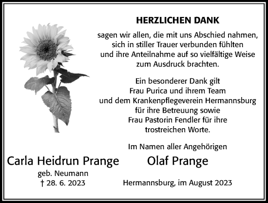 Traueranzeige von Carla Heidrun Prange von Cellesche Zeitung