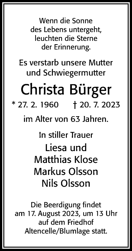 Traueranzeige von Christa Bürger von Cellesche Zeitung