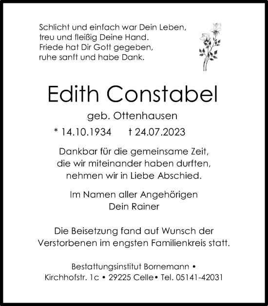 Traueranzeige von Edith Constabel von Cellesche Zeitung