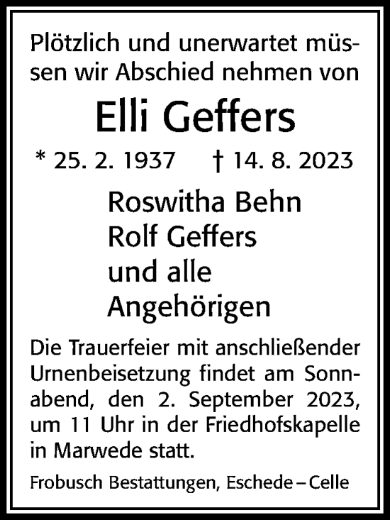 Traueranzeige von Elli Geffers von Cellesche Zeitung