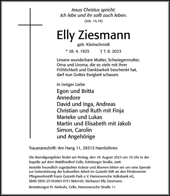 Traueranzeige von Elly Ziesmann von Cellesche Zeitung