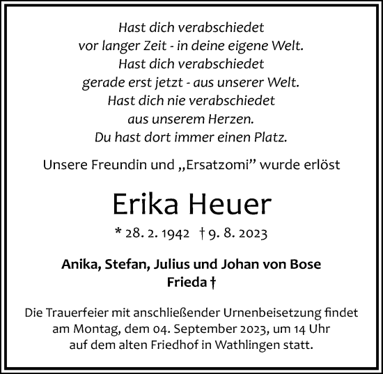 Traueranzeige von Erika Heuer von Cellesche Zeitung