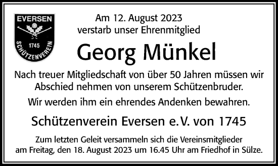 Traueranzeige von Georg Münkel von Cellesche Zeitung