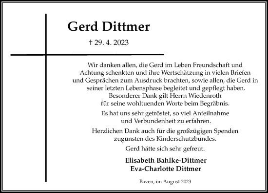 Traueranzeige von Gerd Dittmer von Cellesche Zeitung