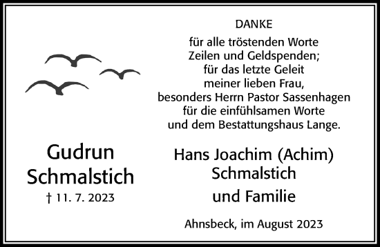 Traueranzeige von Gudrun Schmalstich von Cellesche Zeitung