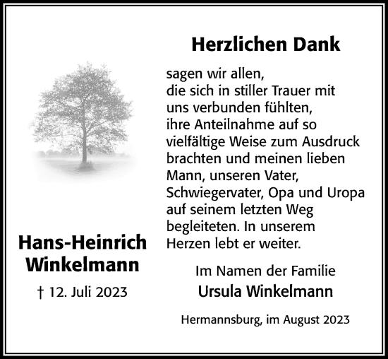 Traueranzeige von Hans-Heinrich Winkelmann von Cellesche Zeitung