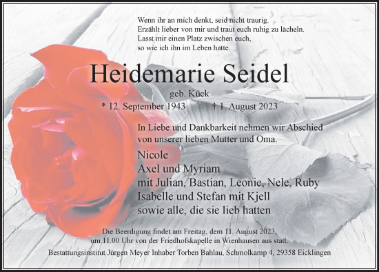 Traueranzeige von Heidemarie Seidel von Cellesche Zeitung