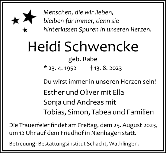 Traueranzeige von Heidi Schwencke von Cellesche Zeitung