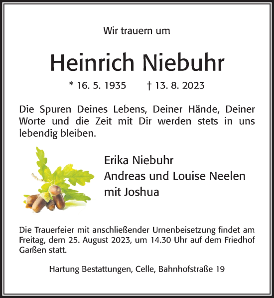 Traueranzeige von Heinrich Niebuhr von Cellesche Zeitung