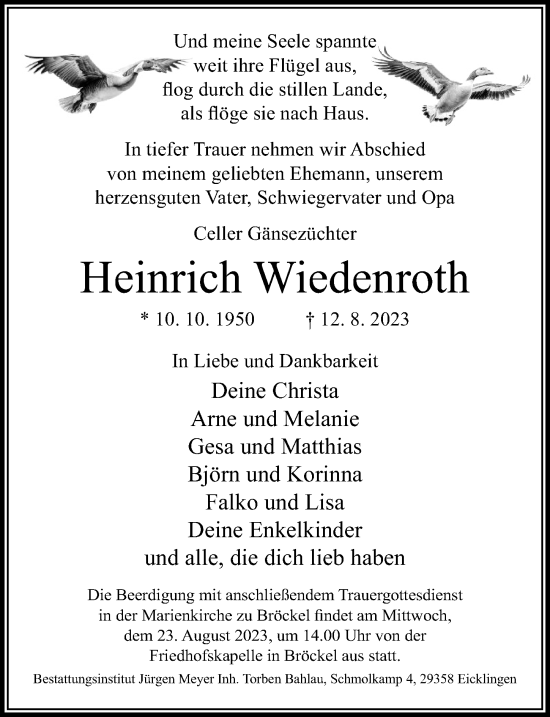 Traueranzeige von Heinrich Wiedenroth von Cellesche Zeitung