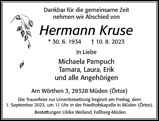 Traueranzeige von Hermann Kruse von Cellesche Zeitung