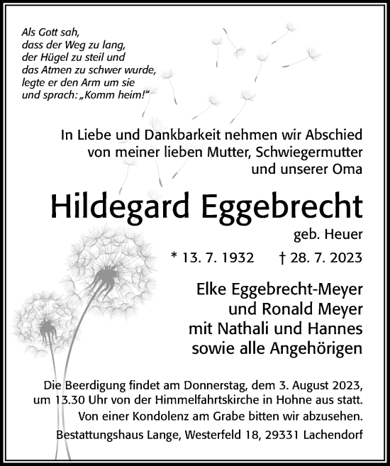 Traueranzeige von Hildegard Eggebrecht von Cellesche Zeitung