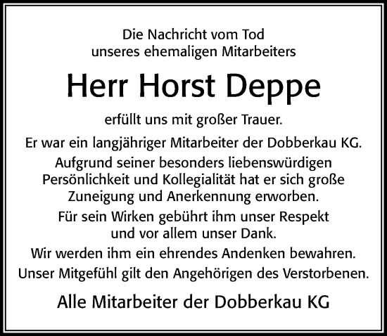 Traueranzeige von Horst Deppe von Cellesche Zeitung