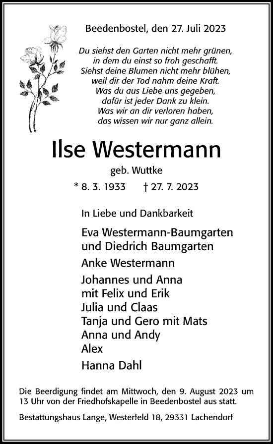 Traueranzeige von Ilse Westermann von Cellesche Zeitung