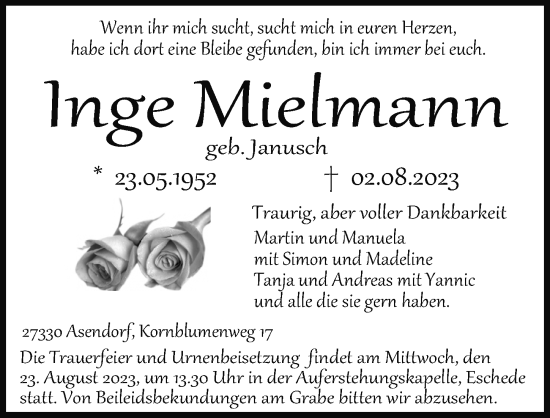 Traueranzeige von Inge  Mielmann von Cellesche Zeitung