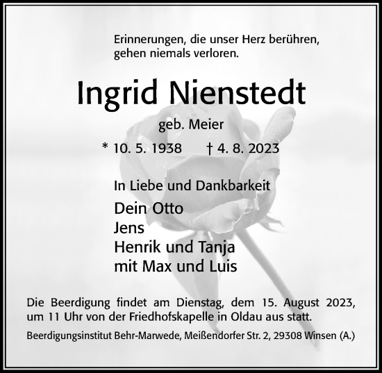 Traueranzeige von Ingrid Nienstedt von Cellesche Zeitung