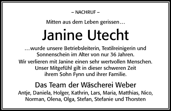 Traueranzeige von Janine Utecht von Cellesche Zeitung