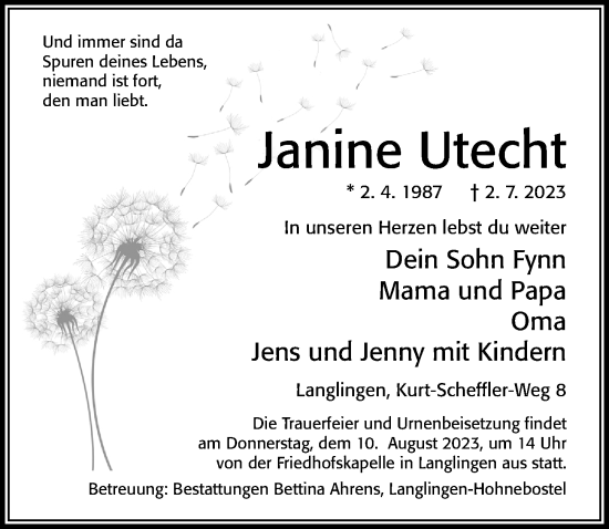 Traueranzeige von Janine Utecht von Cellesche Zeitung