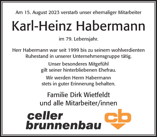 Traueranzeige von Karl-Heinz Habermann von Cellesche Zeitung