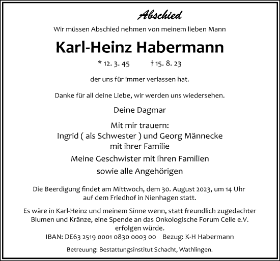 Traueranzeige von Karl-Heinz Habermann von Cellesche Zeitung