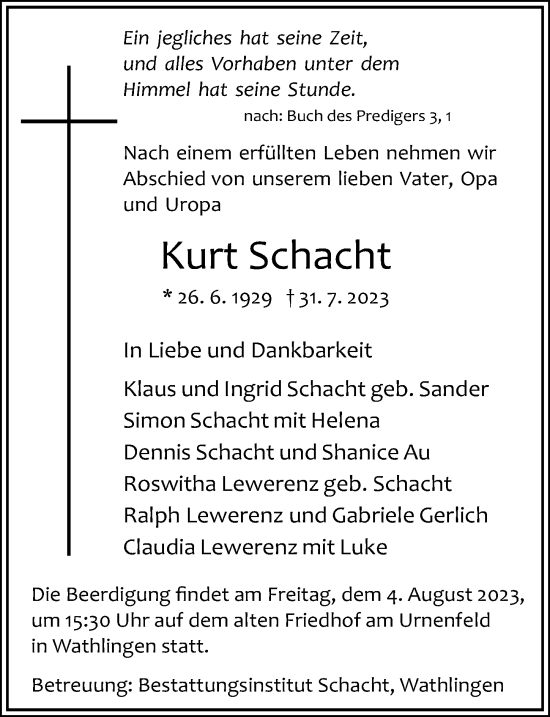 Traueranzeige von Kurt Schacht von Cellesche Zeitung