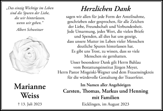Traueranzeige von Marianne Weiss von Cellesche Zeitung