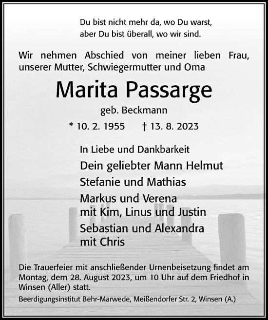 Traueranzeige von Marita Passarge von Cellesche Zeitung