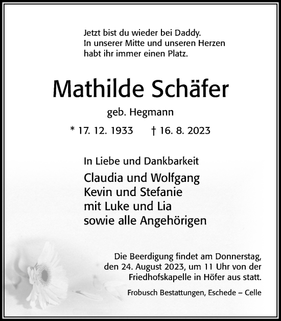 Traueranzeige von Mathilde Schäfer von Cellesche Zeitung