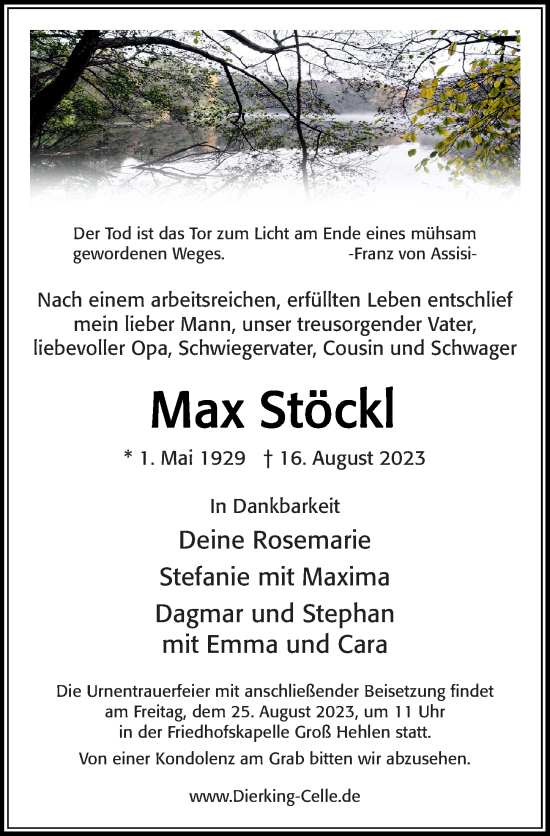 Traueranzeige von Max Stöckl von Cellesche Zeitung