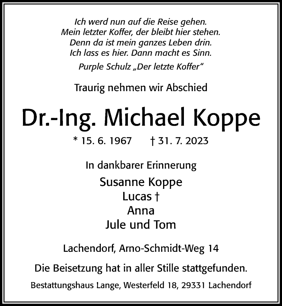  Traueranzeige für Michael Koppe vom 12.08.2023 aus Cellesche Zeitung