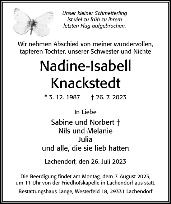 Traueranzeige von Nadine-Isabell Knackstedt von Cellesche Zeitung