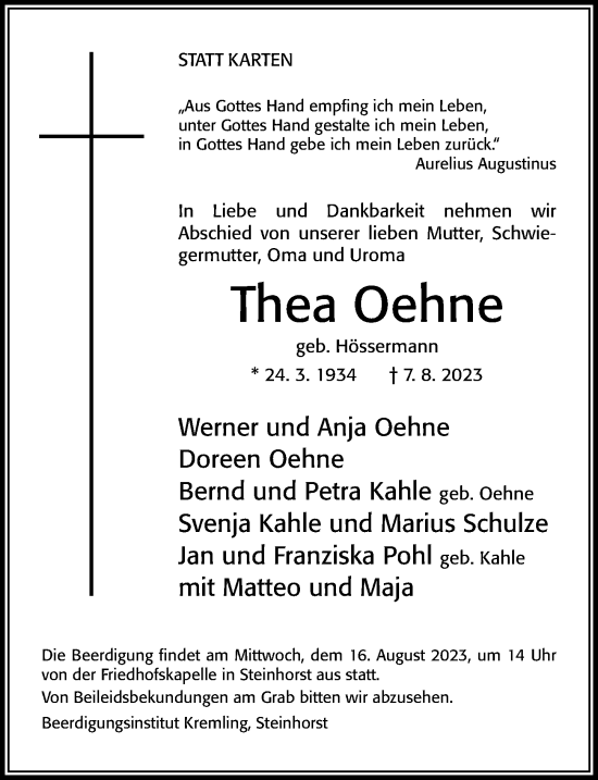 Traueranzeige von Thea Oehne von Cellesche Zeitung